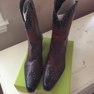 Stuart Weitzman brown leather studded cowboy boots